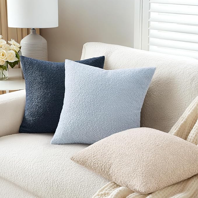 ANRODUO Pack of 2 Textured Boucle Throw Pillow Covers Soft Navy Blue Euro Decorative Accent Solid Pillow Cases Cozy Modern Couch Cushion Case for Bed Sofa Bedroom Living Room Home Decor, 26 x 26 Inch