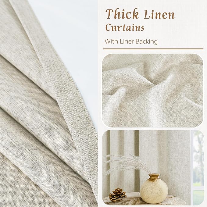 LAMIT Natural 100% Blackout Linen Curtains, 54 Inches Linen Textured Thermal Bedroom Curtains Back Tab and Rod Pocket Neutral Panels with White Liner for Farmhouse, 2 Panels, 42 x 54 Inch, Stone