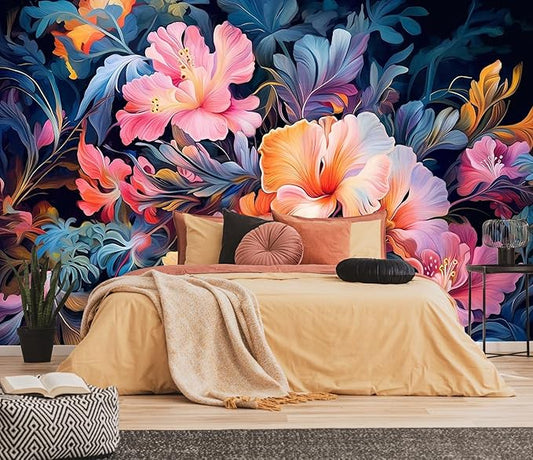 Hand-Painted Pink Botanical Floral Wall Mural, Peony Blossom Wallpaper, Decorative Background Mural（Non-self-Adhesive）