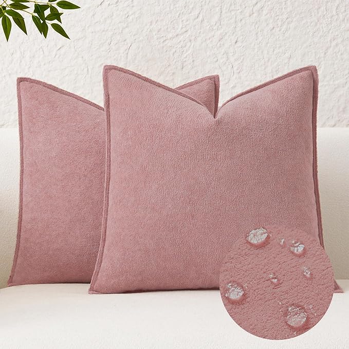 Kevin Textile Valentines Day Decorative Pillow Covers Plush Pink 18x18 Inch Pack of 2 Waterproof Soft Boucle Textured Throw Pillowcases Elegant Accent Pillows for Couch Sofa Chair Bed Home