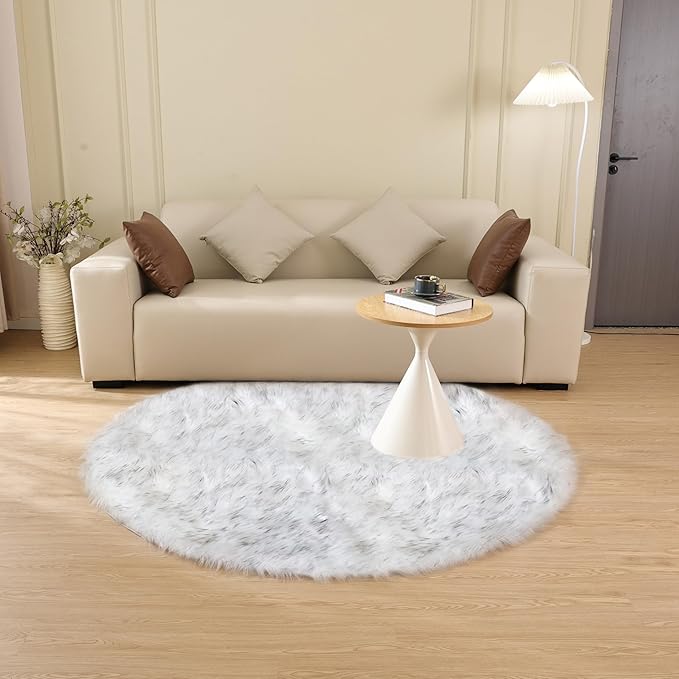 Grey and White Washable Shaggy Round Rug 5ft Circle Faux Sheepskin Furry Fur Rugs for Bedroom Nursery Rug
