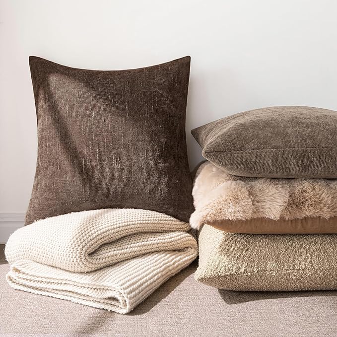MIULEE Pack of 2 Decorative Throw Pillow Covers Soft Chenille Throw Pillows Solid Textured Cushion Covers for Couch Sofa Bedroom Living Room 22x22 Inch, Chocolate