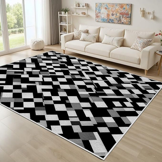 Black White and Grey Rug - Geometric Area Rug, Area Rugs 5x8, Modern Abstract Rugs, Irregular Block Splicing Carpet Washable Non Slip Home Decor Carpet for Living Room