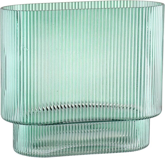 Ribbed Glass Vase, Green Glass Vase, Fluted Short Vases for Flowers, Modern Vases for Living Room, Dining Room, Bathroom, Desk, Shelf, Wedding, Office, 7 Inches