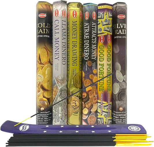 Hem Incense Sticks Variety Pack #-120 Insence-Sticks (6 Incents x 20 Insense) + Incense Stick Holder Bundle with 6 Themed Fragrances (Money)