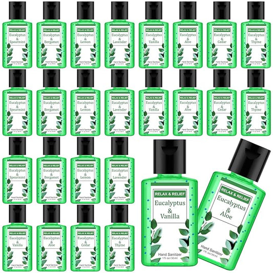 Frienda 24 Pcs Mini Hand Sanitizers Bulk Travel Size Eucalyptus Scented Hand Sanitizers 1 Fl oz Pocket Sanitizing Moisturizes for Guest Christmas Stocking Stuffers Nurse Coworker Teacher Office Gifts