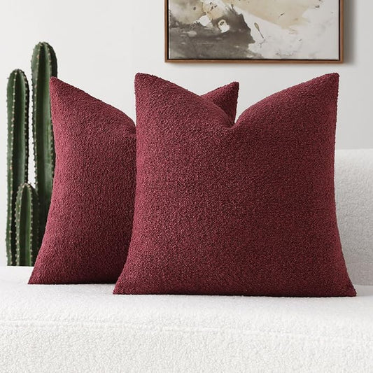 FUTEI Pack of 2 Burgundy Decorative Throw Pillow Covers 20x20 Inch Soft Cozy Solid Boucle Textured Cushion Case,Modern Home Decor for Couch Bed Living Room