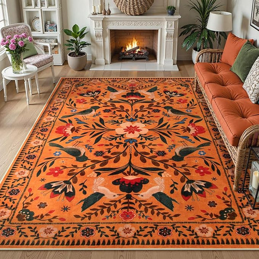Moynesa Washable 8x10 Area Rugs for Living Room Bedroom Dining Room, Bohemian Scandinavian Modern Country Aesthetic Floral Bird Medallion Carpet, Fall Home Decor Open Floor Areas Protection Non-Slip