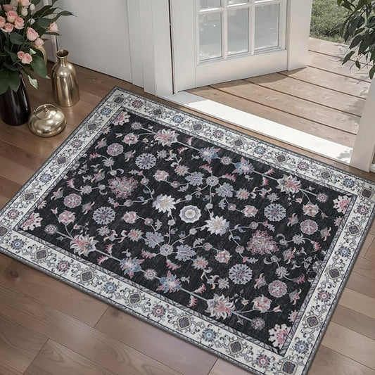 Tangsoo Floral Small Rug 2x3 Washable Rug for Entryways Vintage Non-Slip Area Rugs Black Red Entry Rugs Distressed Floor Carpet Soft Low Pile Door Mat for Entrance Bedroom Kitchen Foyer Decor
