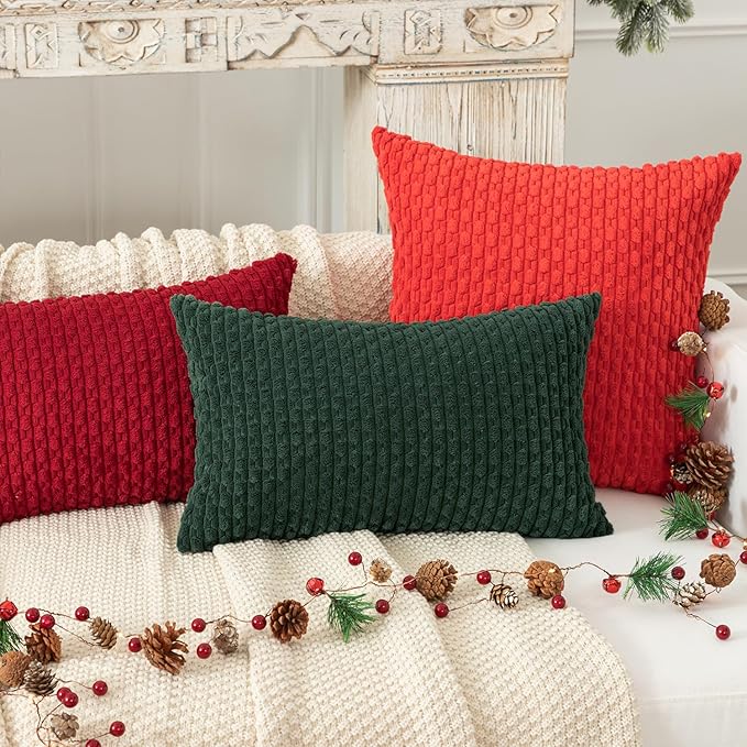 Kevin Textile Christmas Decorative Pillow Covers Set of 2 Striped Plush Corduroy Pillows Pillowcases Boho Home Decor Cushion Covers for Couch Sofa Bed Living Room 18x18 Inch, Army Green