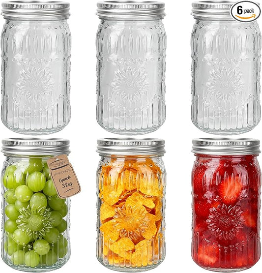 CycleMore 6 Pack 32oz Glass Mason Jars with Silver Two-Piece Lids - Wide Mouth Jars, 1 Quart Canning Jars With Sunflower Print for Preserving, Decor & Storage