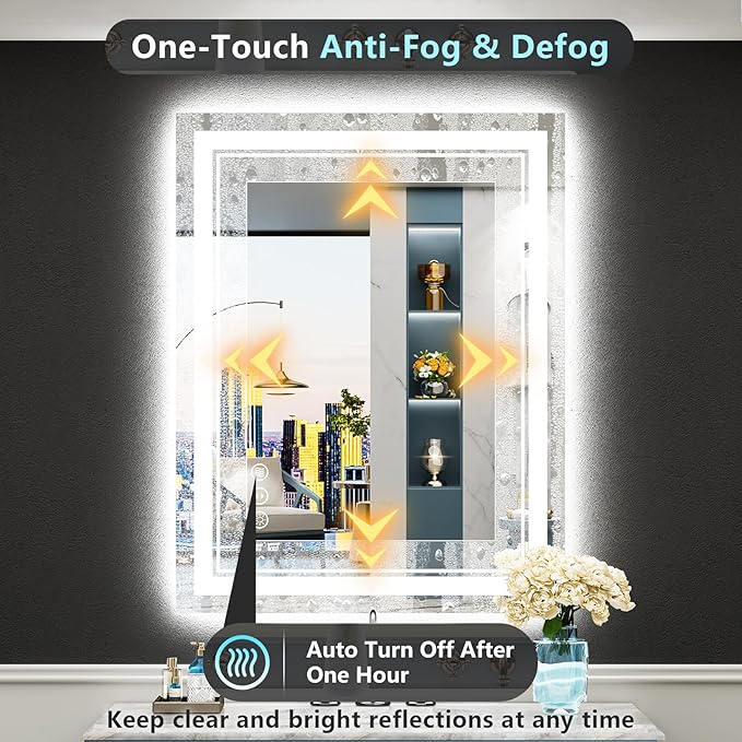 28x32 LED Bathroom Mirror with Lights, Backlit & Front Lit, Anti-Fog Lighted Vanity Mirror for Bathroom Wall, 3 Colors, Dimmable, Memory, HD Tempered Glass, Shatter-Proof, Horizontal/Vertical