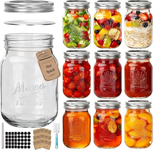 CycleMore 9 Pack 16 oz Mason Jars with Airtight Lids - Embossed Pint Glass Canning Jars for Pickling, Food Storage, Wedding Favors & DIY Crafts - Regular Mouth Design with Labels & Jute String