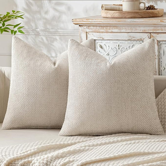 MIULEE Pack of 2 Christmas Couch Throw Pillow Covers 18x18 Inch Neutral Beige Modern Boho Accent Decorative Pillow Covers Soft Chenille Farmhouse Cushion Covers for Home Decor Bed Sofa Living Room
