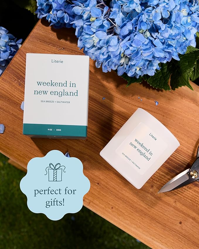 Literie NYC Inspired Scented Candle: Weekend in New England - Sea Breeze & Saltwater Scent, 9oz, 50 Hour Burn, Vegan Soy & Coconut Blend Candle for Home Decor, Gift for Women & Men