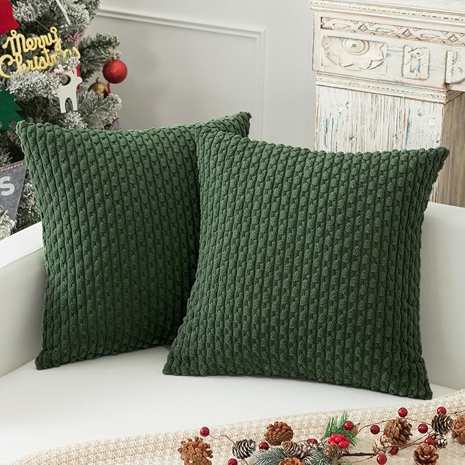 Kevin Textile Christmas Corduroy Decorative Throw Pillow Covers 24x24 Inch Pack of 2 Soft Boho Striped Pillow Covers Modern Farmhouse Home Decor for Spring Sofa Living Room Couch Bed Dark Green