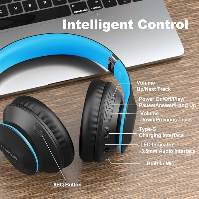 Wireless Bluetooth Headphones Over Ear 65H Playtime HiFi Stereo Headset with Microphone and 6EQ Modes Foldable Bluetooth V5.3 Headphones for Travel Smartphone Computer Laptop