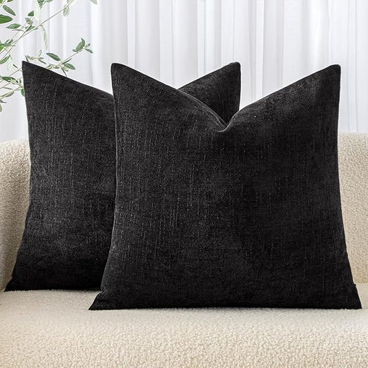 MIULEE Pack of 2 Decorative Throw Pillow Covers Soft Chenille Throw Pillows Solid Textured Euro Cushion Covers for Couch Sofa Bedroom Living Room 22x22 Inch, Black
