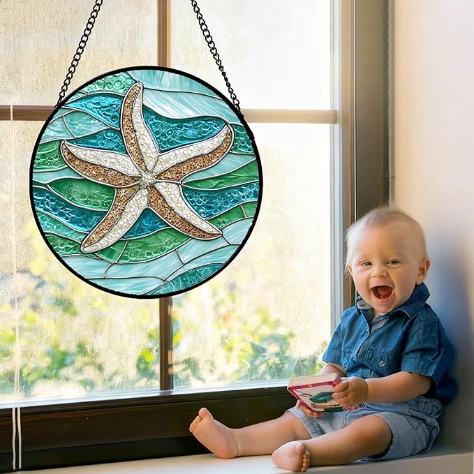 Stained Glass Window Hanging Teal Sea Waves Starfish 6.3" - Suncatcher Door Garden Sun Catcher Home Decor Birthday Mother's Day for Mom Men Woman Parents Her Child Nana