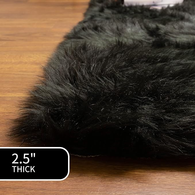 Super Area Rugs Ultra Soft & Fluffy Faux Sheepskin Rug, Black 2 x 6 Feet Sheepskin Carpet for Bedroom Living Room