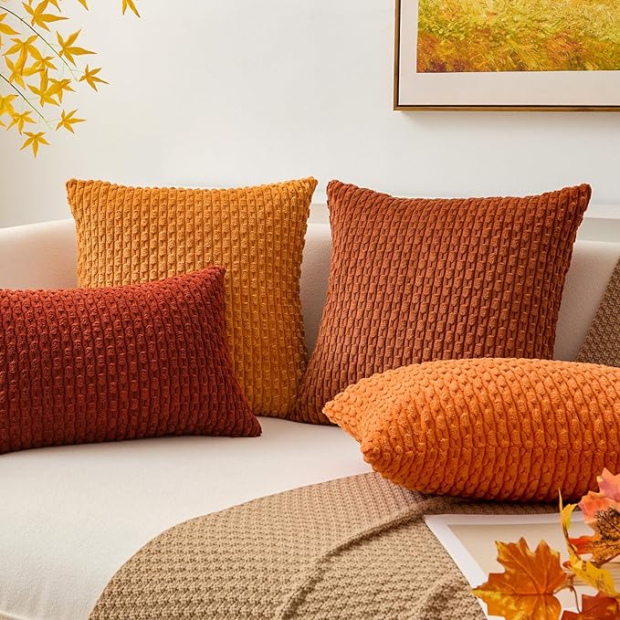 Kevin Textile Fall Throw Pillow Covers Soft Corduroy Decorative Set of 2 Boho Striped Pillow Covers Pillowcases Farmhouse Home Decor for Couch Bed Sofa Living Room 24x24 Inch Rust Brown