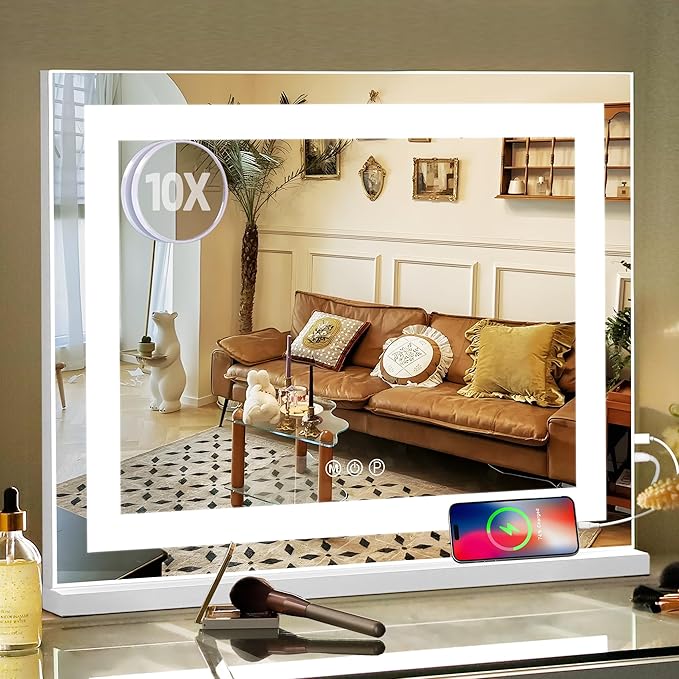 Fenair Vanity Mirror with Lights 22.8’ * 18.1’ Diamond Light Strip Makeup Mirror with Tempered Glass, 3 Color Modes Light up Mirror with USB Charging Port, 10X Magnification and Smart Touch, White