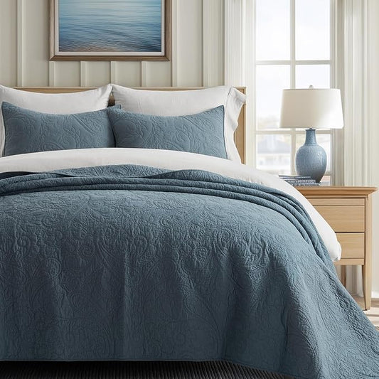 EVERGRACE 100% Cotton Paisley Quilt Set, King Size 3 Piece Set – Prewashed Lightweight Bedspread with 2 Shams, Soft & Breathable Matelasse Coverlet for All-Season Comfort, Stormy Blue