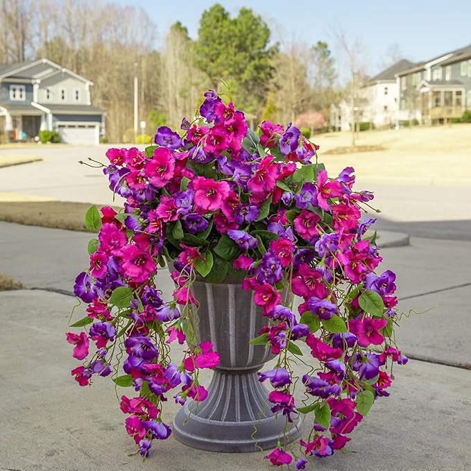 Fake Hibiscus Artificial Hanging Flowers Plants for Outdoors Spring Decoration, 2pcs Silk Hibiscus Vines Realistic UV Resistant Faux Flowers for Outside Planter Porch Patio Yard Wedding Party, Fuchsia
