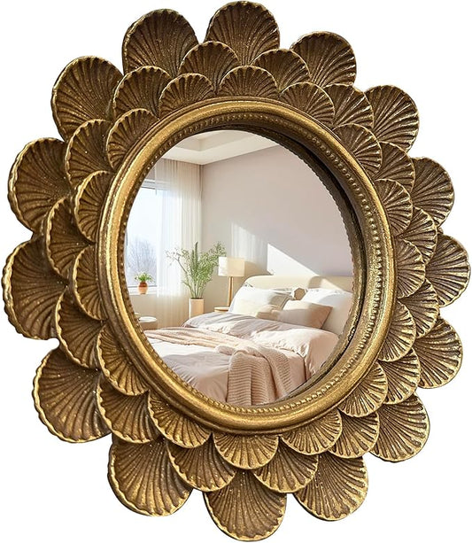 Vintage Vanity Makeup Desk Mirror，Antique Traditional Roundness Table Mirror Vintage Gold， for Dressing Table,Bedroom, Bathroom,Tabletop,Antique, 6.7" x 6.7"