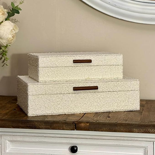 Set of 2 Ivory Bouclé Fabric Decorative Boxes with Wooden Handles, Modern Jewelry Boxes, Storage Boxes, Keepsake Boxes, Photo Memory Organizer, 14.2x8.6x3.5in