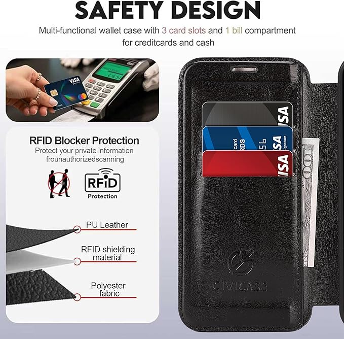 CIVICASE for iPhone Air Wallet Case with Stand,PU Leather Flip Credit Card Holder Slots (RFID Blocking),Compatible with Magsafe Magnetic Holder Phone Cover Women Men,Black