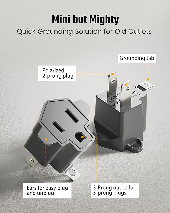 2 Prong to 3 Prong Outlet Adapter, ETL Listed 3-2 Prong Adapter, Fire-Retardant (392℉) PBT Material, SUPERDANNY Heavy Duty Wall Plug Adapter for Old Homes, Travel to Japan, Gray, 2-Pack