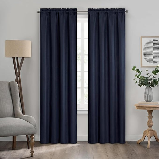 Eclipse Kendall Textured Blackout Thermal Rod Pocket Window Curtain, Insulating & Noise Reducing Curtains for Bedroom or Living Room (1 Panel), 84 in Long x 42 in Wide, Indigo