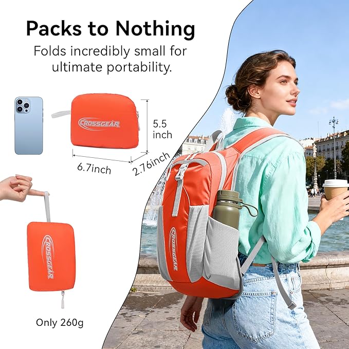 CROSSGEAR Packable Hiking Backpack, 16L Lightweight Foldable Backpack with RFID Pocket, Small Hiking Daypack for Women Men Orange