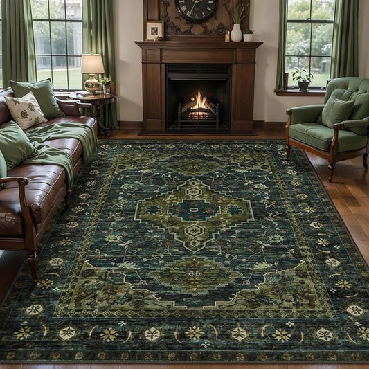 Tangsoo 6x9 Area Rug Washable Rug for Living Room, Vintage Indoor Non Slip Large Area Rugs, Print Distressed Carpet, Soft Low Pile Foldable Floor Rug for Bedroom Dining Room Dorm Olive Green