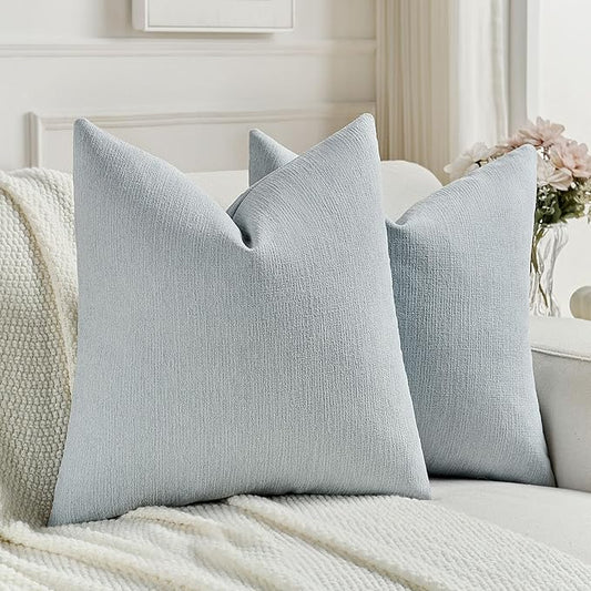 FUTEI Dusty Blue Chenille Decorative Throw Pillow Covers 18x18 Inch Set of 2,Soft Cozy Faux Linen Textured Cushion Case,Farmhouse Home Decor for Couch Living Room