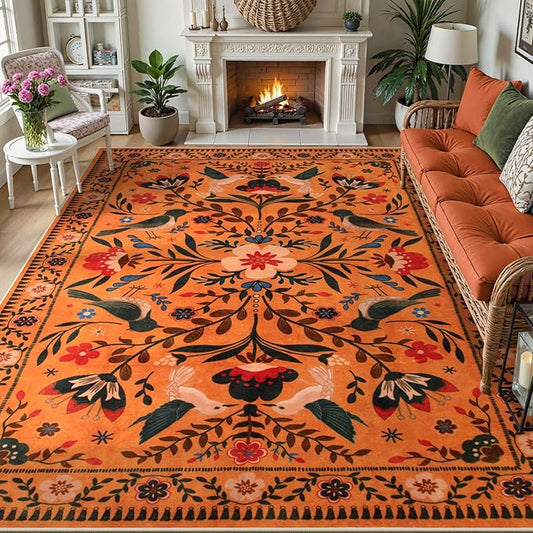Moynesa Area Rugs 9x12 Fall Home Decor, Bohemian Scandinavian Modern Country Aesthetic Floral Bird Medallion Carpet for for Living Room Bedroom Dining Room,Non-Slip Washable Floor Protection