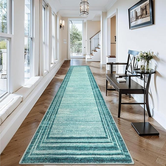 Lahome Abstract Runner Rug,Teal 2.5x12 Hallway Runners Rug Washable Non-Slip Long Kitchen Rugs Runner,Low-Pile Soft Runner Rugs for Hallway 12 ft Minimalist Solid Indoor Carpet Runner for Entryway
