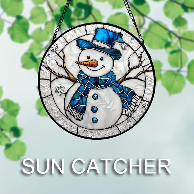 Stained Glass Window Hanging Christmas Snowman Blue White Large 11.8" - Suncatcher Door Garden Sun Catcher Home Decor Birthday Mother's Day Xmas Gift for Mom Men Woman Her Nana Parents Girl