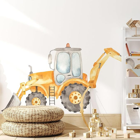 Construction Tractor Backhoe Loader Wall Decal for Boys Room, Construction Eqipment Peel Stick Removable Fabric Wall Sticker, Nursery or Playroom Decor, Repositionable (36 inch: 20" Tall x 36" Wide)