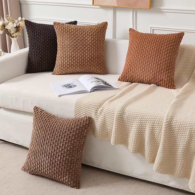 Kevin Textile Decorative Pillow Covers Set of 2 Striped Plush Corduroy Pillows Pillowcases Boho Home Decor Cushion Covers for Couch Sofa Bed Living Room 26x26 Inch, Burnt Orange