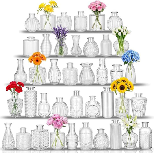 Glass Bud Vases in Bulk Set of 40, Transparent Clear Variable Small Mini Glass Vases for Centerpieces, Crystal Vintage Vase for Flowers,Wedding, Table Decor, Baby Shower, Christmas, Home and Events