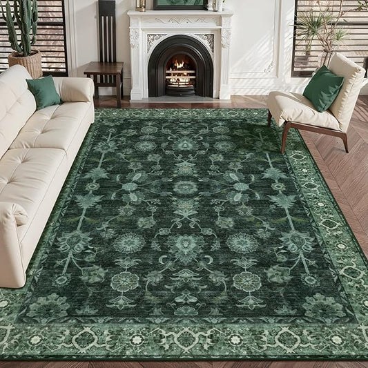 Tangsoo Washable Area Rug 3x5 Non Slip, Boho Distressed Vintage Green Floral Throw Rug for Bedroom Entryway, Soft Low Pile Floor Carpet Indoor Mat for Entrance Bedside Kitchen Nursery Office Farmhouse