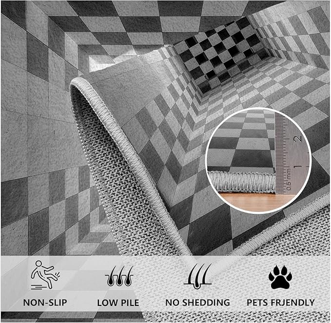 3D Rug 6x9, Plaid Soft Ultra Soft Faux Wool Low Pile Optical Illusion Rug, Indoor Floor Mats Abstract Geometric Carpet, Non-Slip Stain Resistant Washable Rugs, Modern Gray Rugs for Living Room