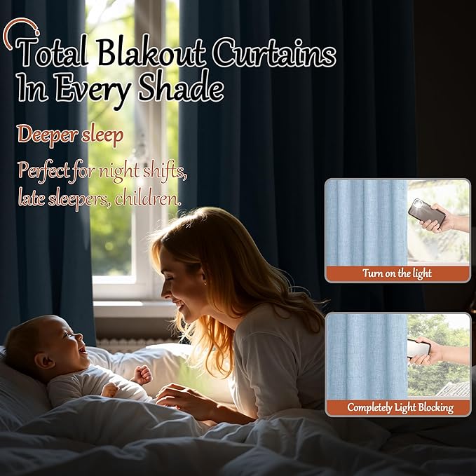 Baby Blue Linen Blackout Curtains for Nursery 40 Inch Length 2 Panels, Short Thermal Insulated Boho Total Black Out Noise Reducing Small Window Curtains for Kids Bedroom, Each 38 Inch Wide