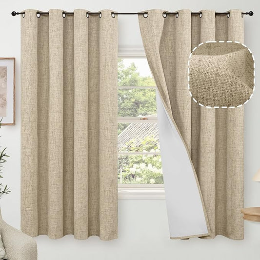 60 Inch Wide Linen Blackout Curtains for Bedroom 63 Inch Length 2 Panels, Total Black Out Thermal Insulated Energy Efficiency Grommet Boho Window Drapes White Liner for Modern Farmhouse, Burlap