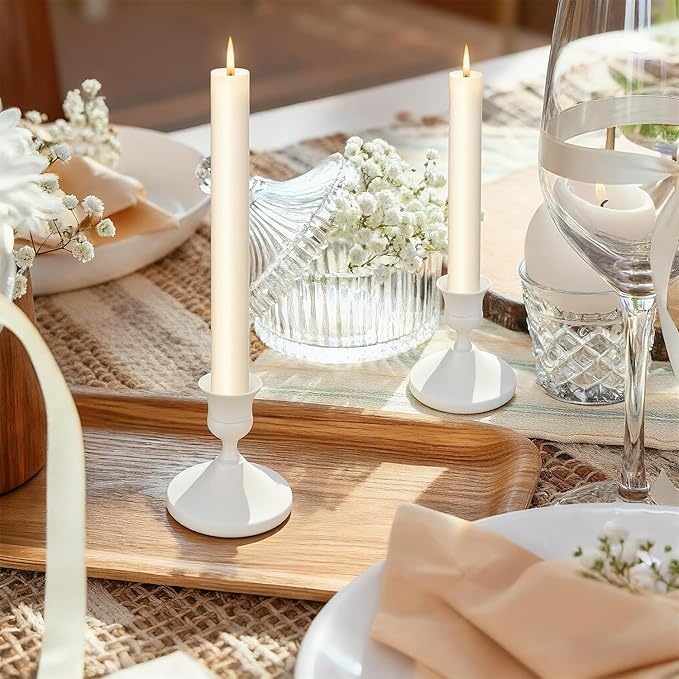 Candle Holders White Set of 6, Vintage Metal Candlestick Holders for Dinner Room Table Centerpiece, Low Metal Candles Sticks for Wedding Centerpieces Christmas Birthday Party (6, White)