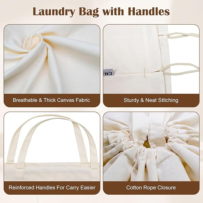 Canvas Laundry Bag with Handles & Drawstring Closure 27.5”x35", Thick Cotton Laundry Bag Large Heavy Duty Washable Dirty Clothes Travel Sack for Camp, College Dorm, Laundromat (Beige L, 2 Pack)