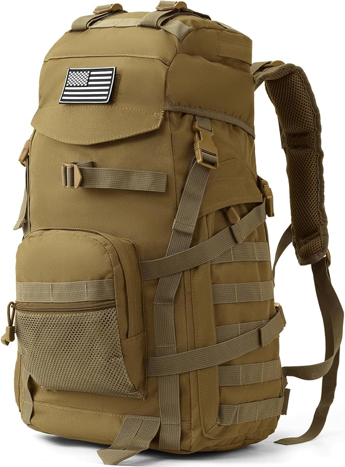AUMENTAR 50L Tactical Backpack for Men and Women, Water-Resistant Molle Rucksack, Large Military Assault Pack for Hiking, Hunting, Camping, Gym & Outdoor Survival Khaki