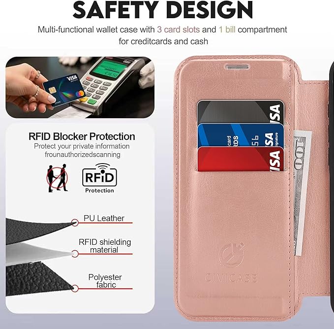 CIVICASE for iPhone 17 Pro Wallet Case with Stand,PU Leather Flip Credit Card Holder Slots (RFID Blocking),Compatible with Magsafe Magnetic Holder Phone Cover Women Men,Rose Gold
